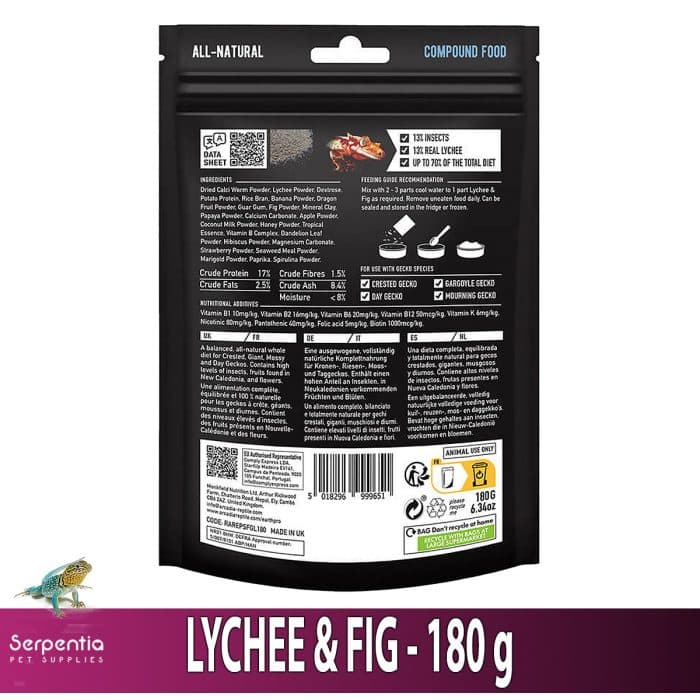 Arcadia SFG Lychee & Fig Gecko Food 180g back pack shot