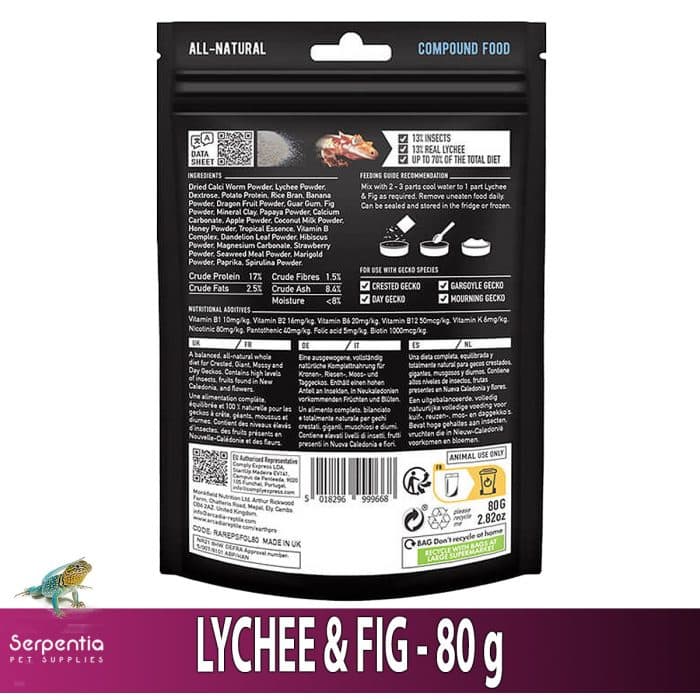 Arcadia SFG Lychee & Fig Gecko Food 80g back pack shot