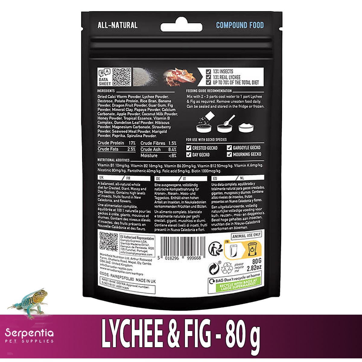 Arcadia SFG Lychee & Fig Gecko Food 80g back pack shot