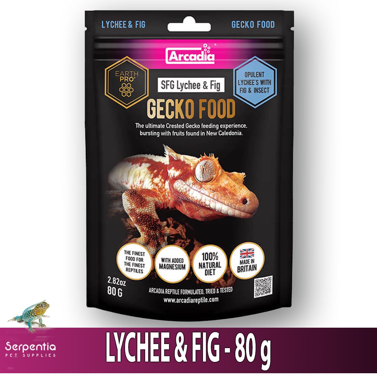 Arcadia SFG Lychee & Fig Gecko Food 80g front pack shot