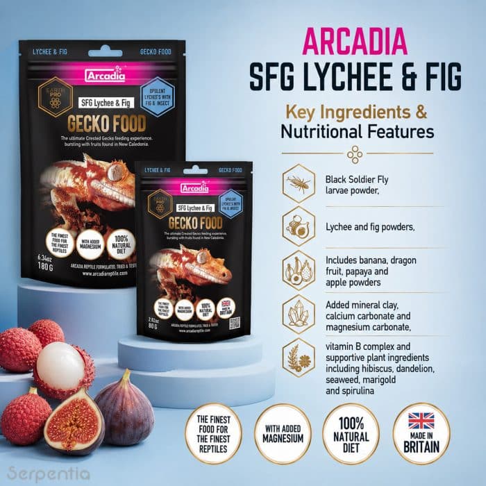 Arcadia SFG Lychee and Fig gecko food with key ingredients and nutritional features shown for 80g and 180g packs