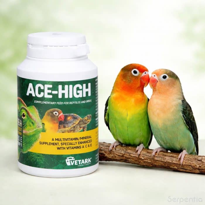 Vetark ACE-High 50g multivitamin supplement for birds shown with lovebirds for dietary support