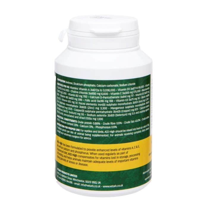 Vetark ACE-High 50g back label with composition and feeding directions