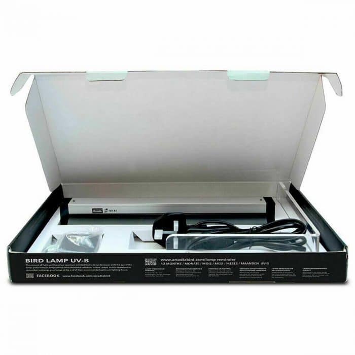Arcadia PureSun Mini 8W bird lamp kit in opened retail box showing included parts