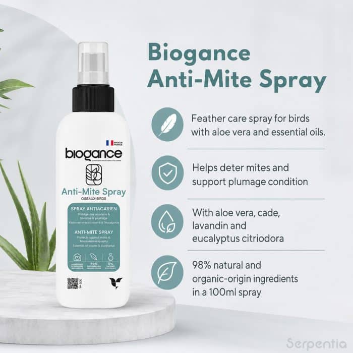 Biogance Anti-Mite Spray 100ml showing key benefits for bird feather and plumage care