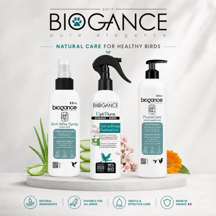 Biogance feather care and hygiene product range for pet birds and parrots showing Optiplume spray, Plumecare gel and Anti-mite spray