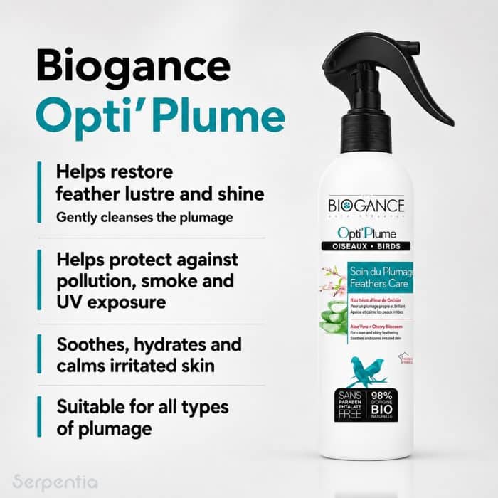Biogance Opti'Plume 250ml feather care spray showing key benefits for bird plumage and skin care