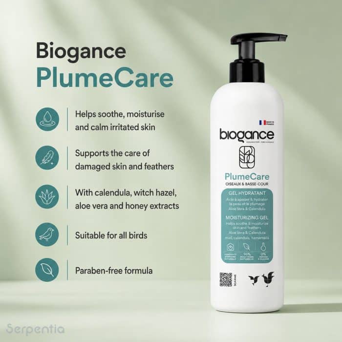 Biogance PlumeCare Gel 250ml showing key benefits for bird skin and feather care
