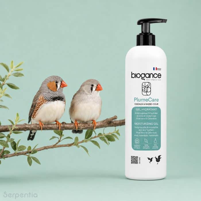 Biogance PlumeCare Gel 250ml for birds shown with two finches on a branch