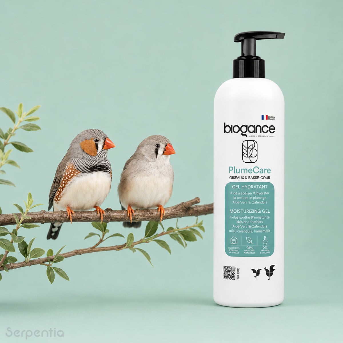 Biogance PlumeCare Gel 250ml for birds shown with two finches on a branch