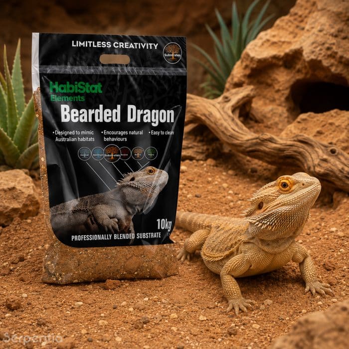 HabiStat Bearded Dragon Substrate 10kg shown in a naturalistic bearded dragon habitat