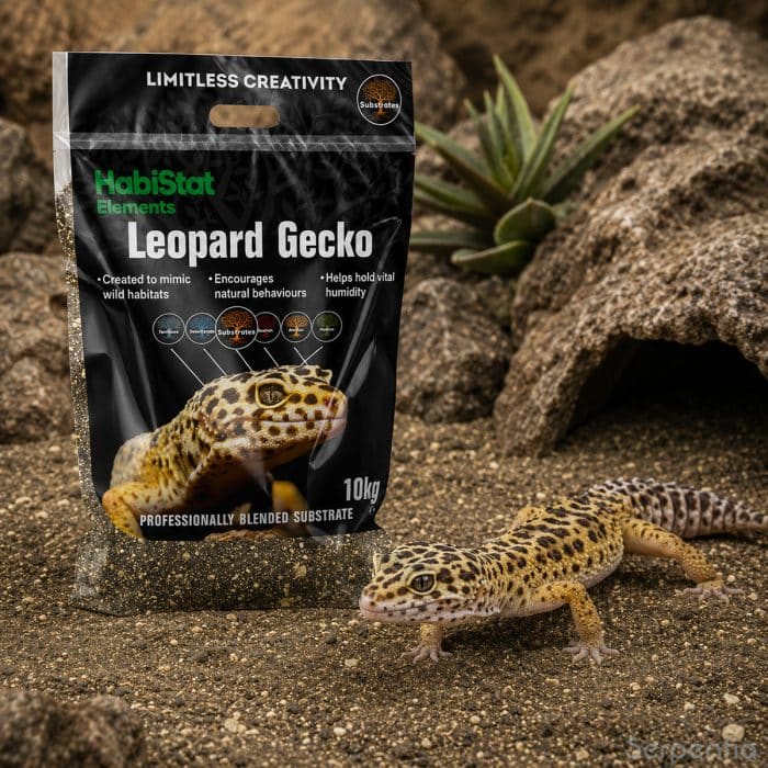 HabiStat Leopard Gecko Substrate 10kg shown in a naturalistic leopard gecko habitat