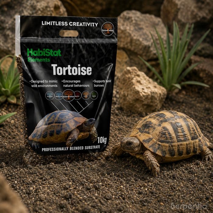 HabiStat Tortoise Substrate 10kg shown in a naturalistic tortoise habitat