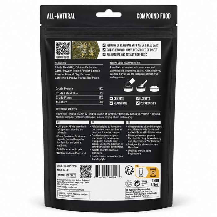 Arcadia EarthPro Insect Fuel 250g packet – all natural insect food gutload for feeder insects back of packets instructions