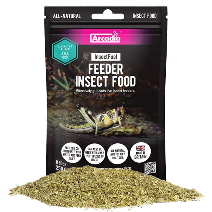 Arcadia EarthPro Insect Fuel 250g packet – all natural insect food gutload for feeder insects shown with loose feed