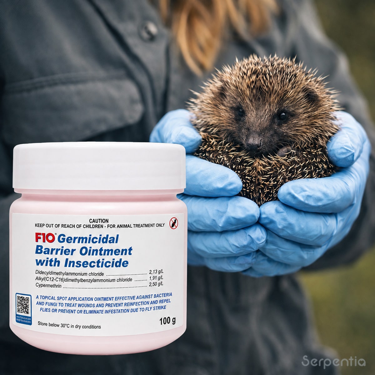 F10 Germicidal Barrier Ointment with Insecticide 100g shown beside a hedgehog being handled with protective gloves