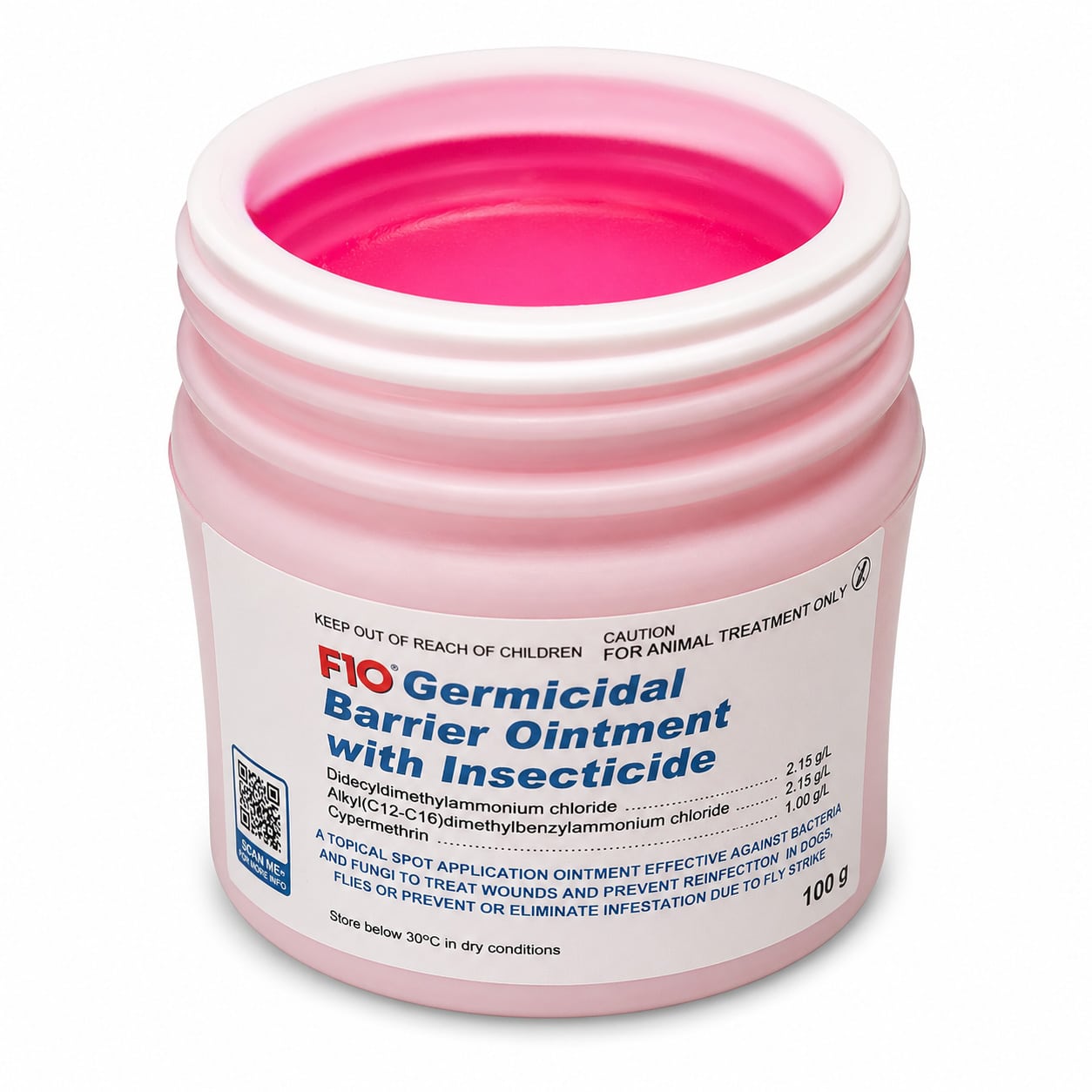 F10 Germicidal Barrier Ointment with Insecticide 100g for animal wound care and fly strike open jar showing pink coloured ointment