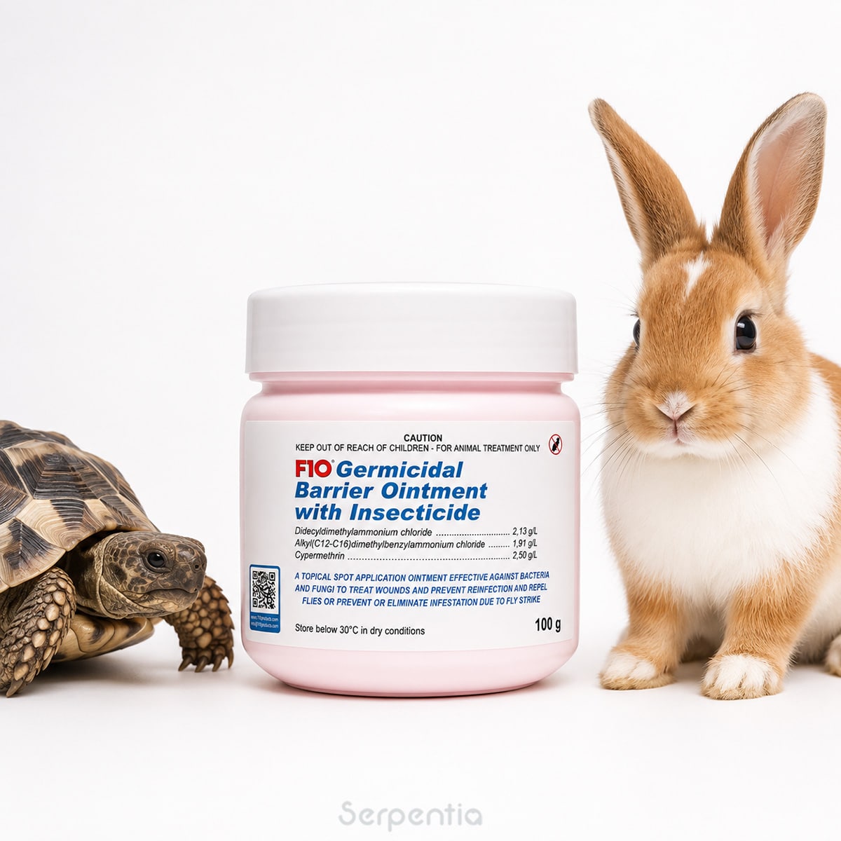 F10 Germicidal Barrier Ointment with Insecticide 100g shown with a tortoise and rabbit