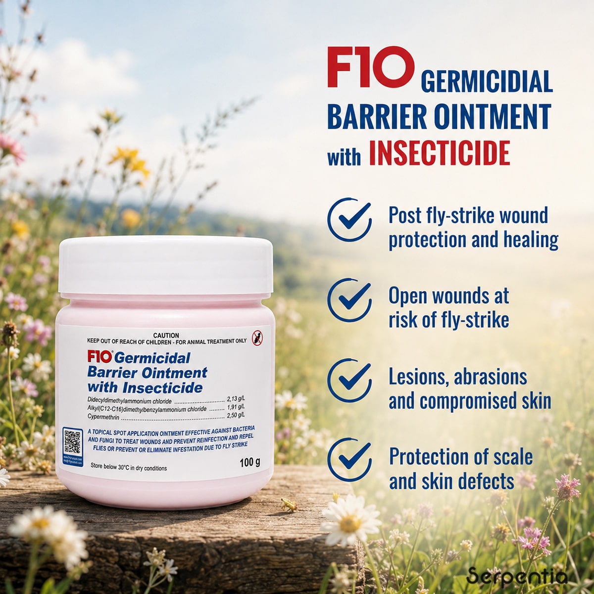 Typical uses of F10 Germicidal Barrier Ointment with Insecticide for wounds, lesions and fly-strike protection