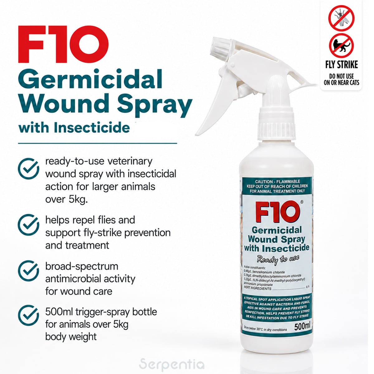 F10 Germicidal Wound Spray with Insecticide 500ml showing key product benefits for animals over 5kg, including insecticidal action and broad-spectrum wound care support.