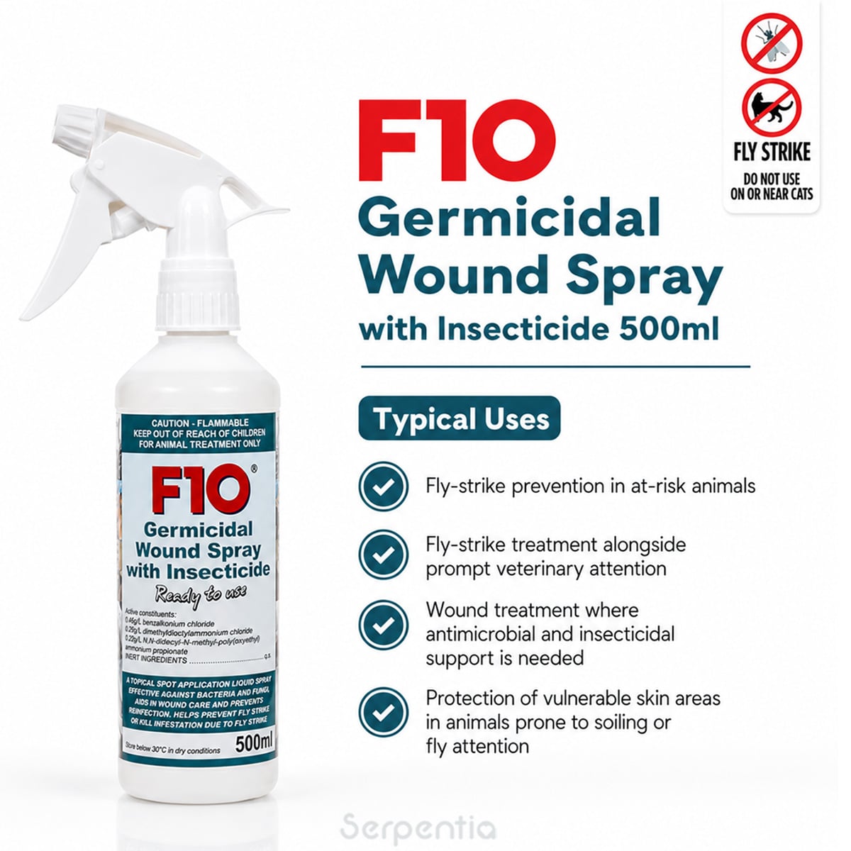 F10 Germicidal Wound Spray with Insecticide 500ml showing typical uses including fly-strike prevention, wound care and protection of vulnerable skin areas.