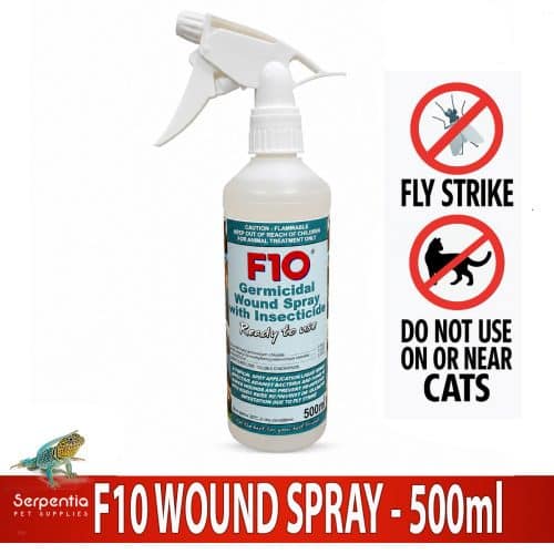 F10 Germicidal Wound Spray with Insecticide 500ml showing fly strike support and warning not to use on or near cats.