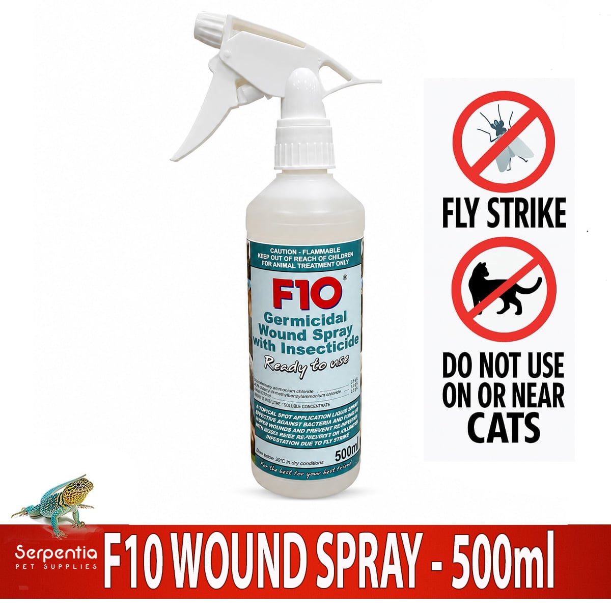 F10 Germicidal Wound Spray with Insecticide 500ml showing fly strike support and warning not to use on or near cats.