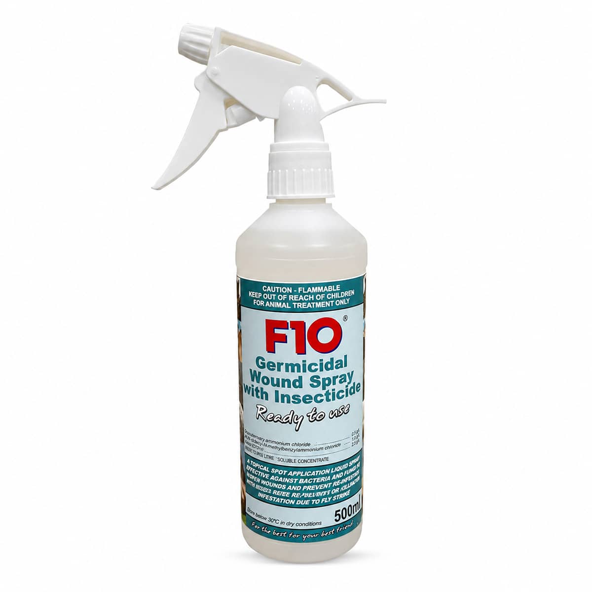 F10 Germicidal Wound Spray with Insecticide 500ml ready to use spray bottle.