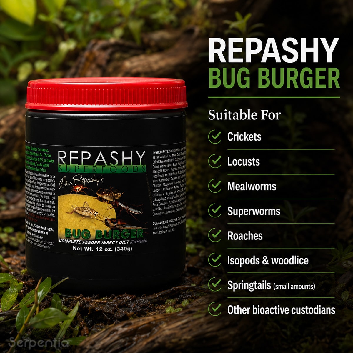 Repashy Bug Burger 340g suitable for crickets, locusts, mealworms, roaches, isopods and other custodians