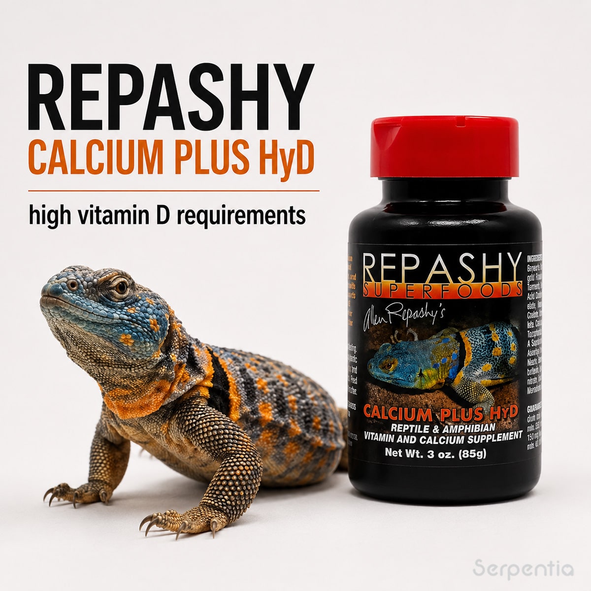 Repashy Calcium Plus HyD 85g with an ornate uromastyx, formulated for reptiles and amphibians with high vitamin D requirements