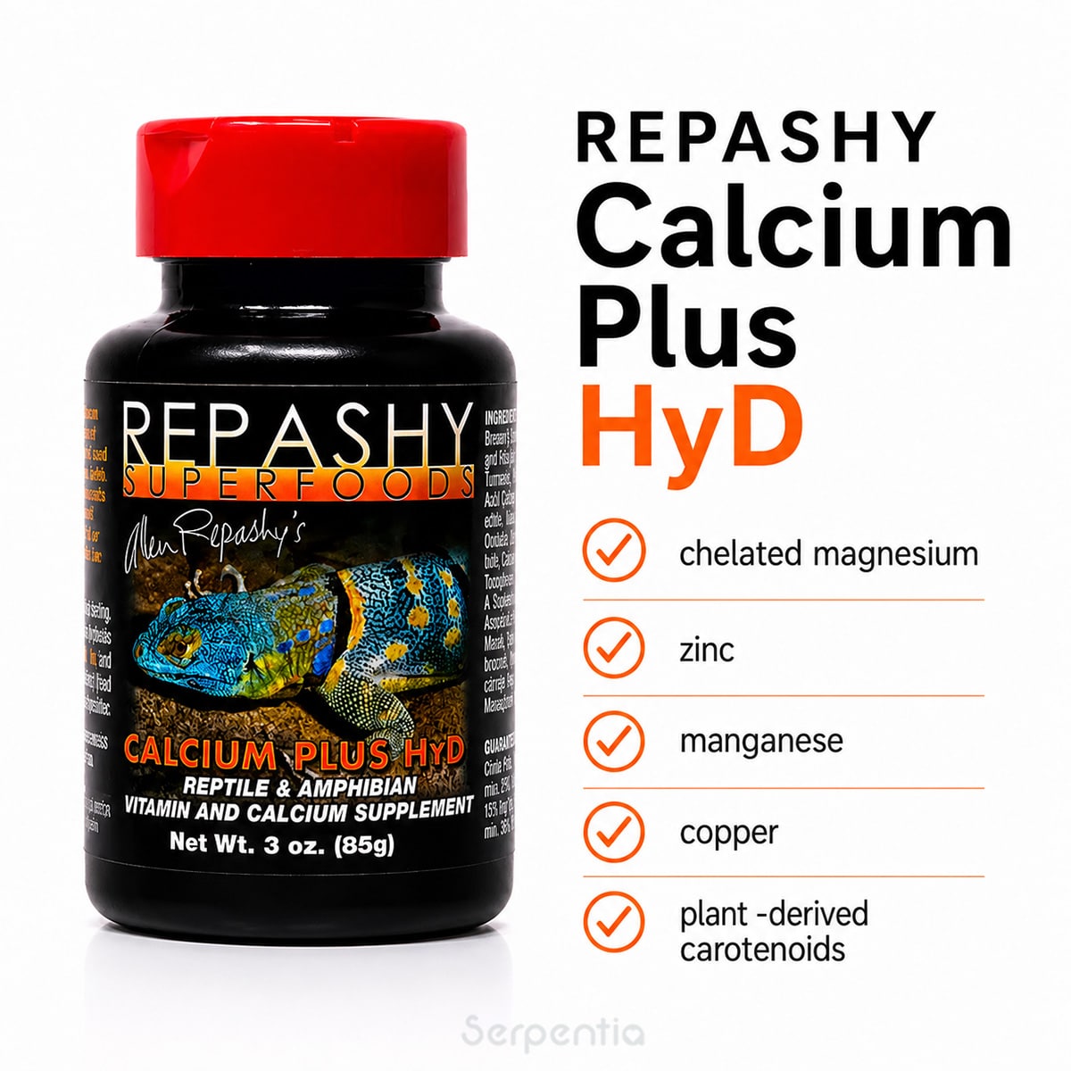 Repashy Calcium Plus HyD 85g with chelated magnesium, zinc, manganese, copper and plant-derived carotenoids