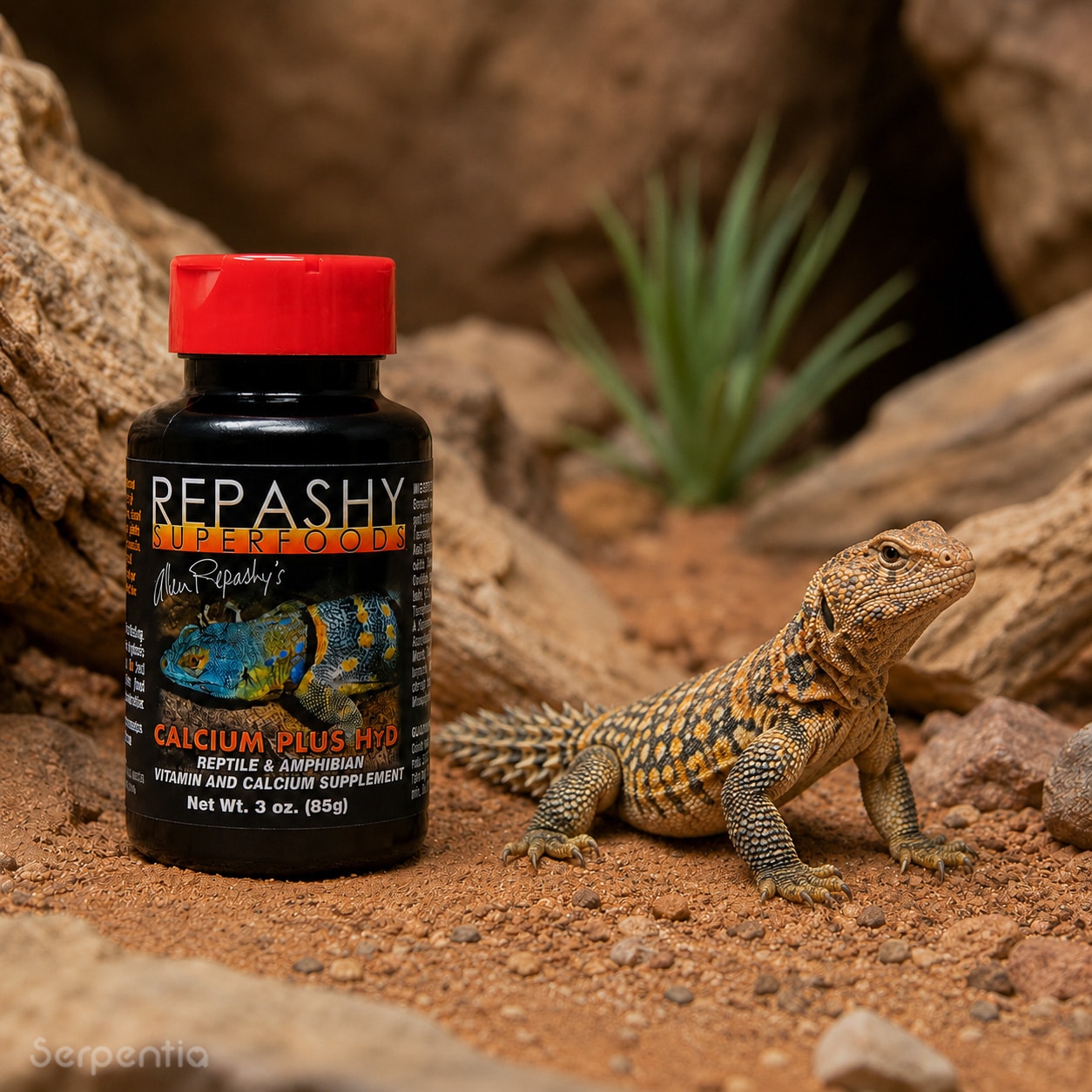 Repashy Calcium Plus HyD 85g supplement beside an ornate uromastyx in an arid reptile habitat