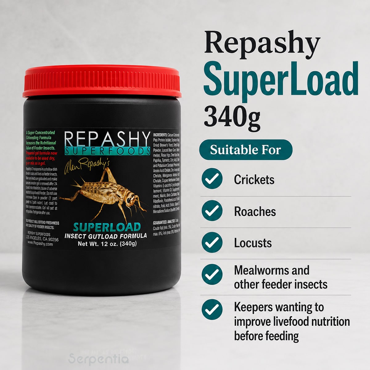 Repashy SuperLoad 340g suitable for crickets, roaches, locusts, mealworms and other feeder insects