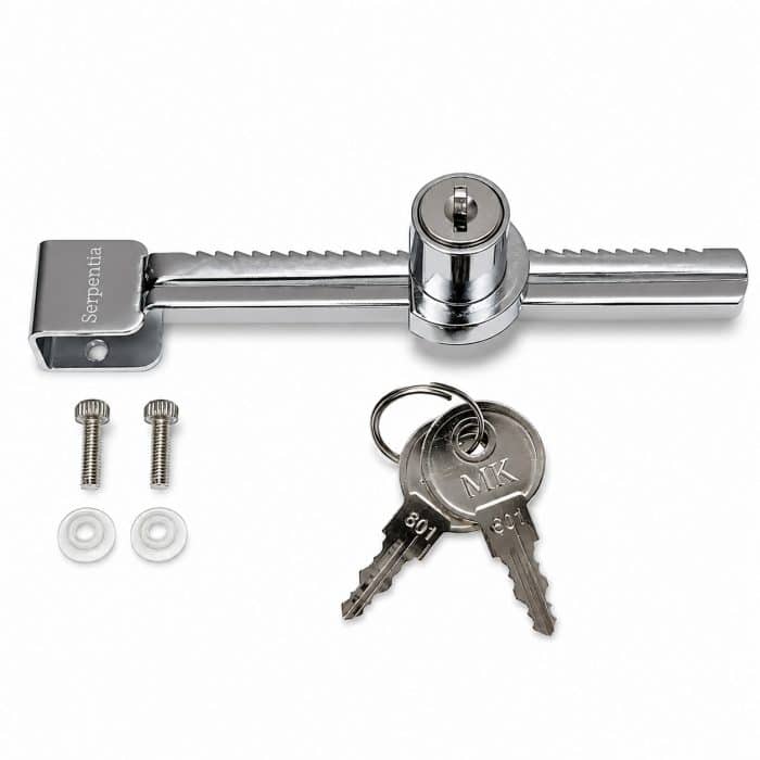 Serpentia Heavy Duty Vivarium Lock 140mm – Stainless Steel Glass Door Lock showing components and keys