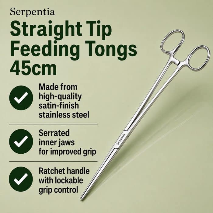 Serpentia 45cm Long Stainless Steel straight tip reptile feeding tongs features