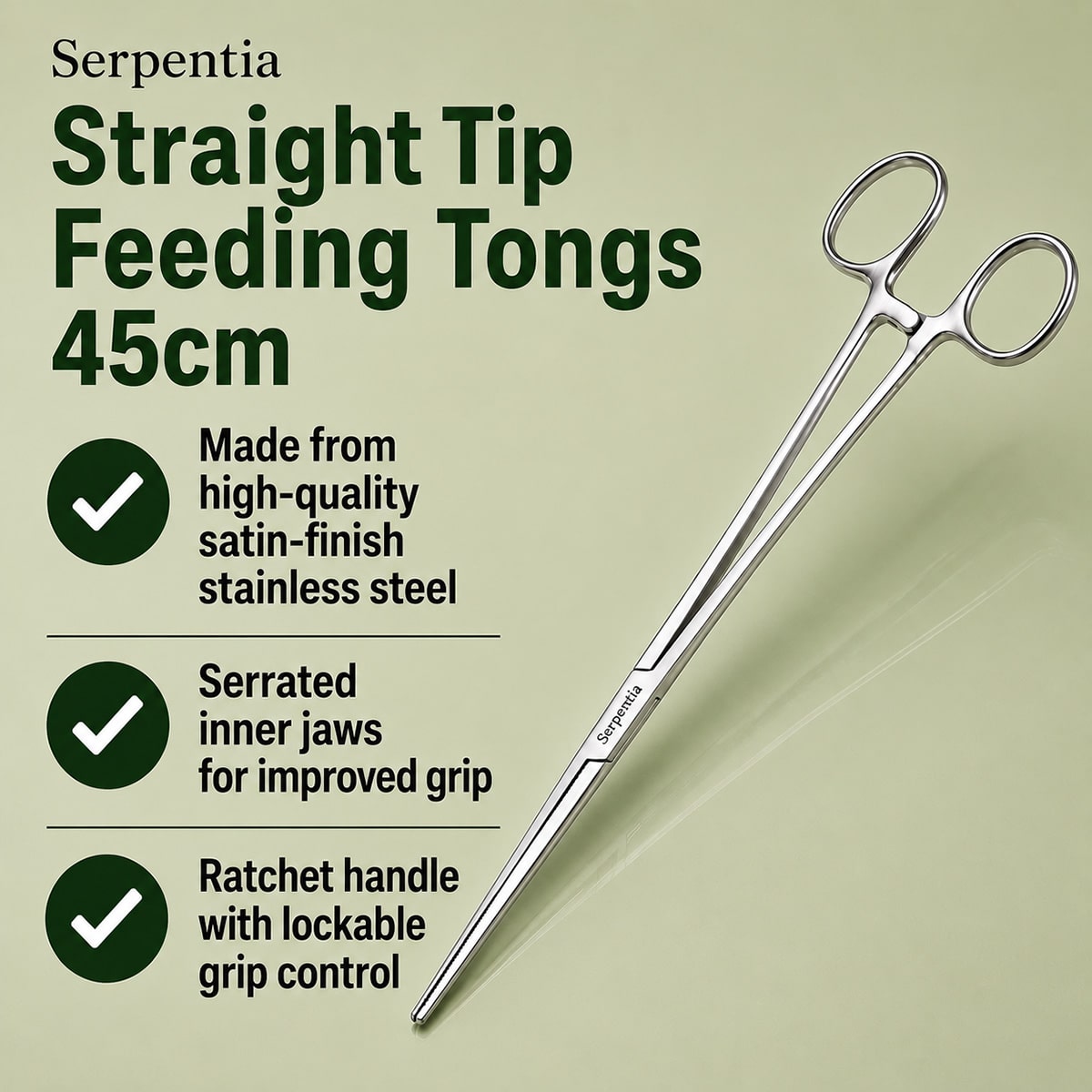 Serpentia 45cm Long Stainless Steel straight tip reptile feeding tongs features