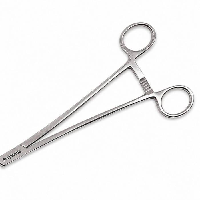 Serpentia 45cm Long Stainless Steel straight tip reptile feeding tongs showing handle and finger grips