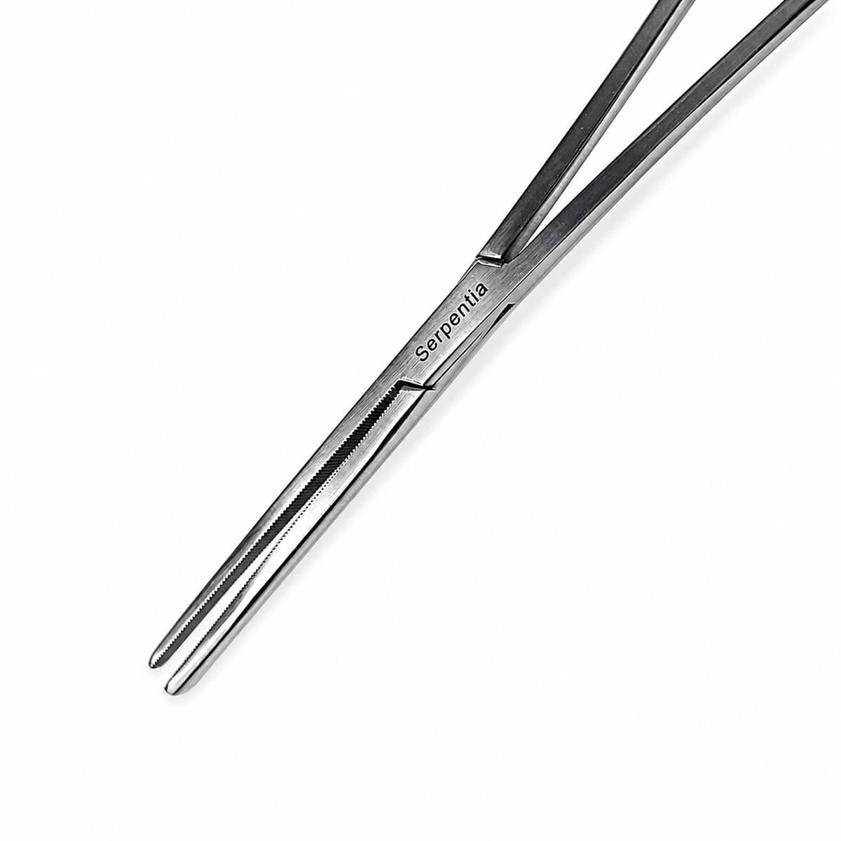 Serpentia 45cm Long Stainless Steel straight tip reptile feeding tongs showing straight tips and serrated jaws
