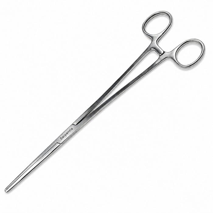 Serpentia 45cm Long Stainless Steel straight tip reptile feeding tongs show closed using the lockable handle ratchet