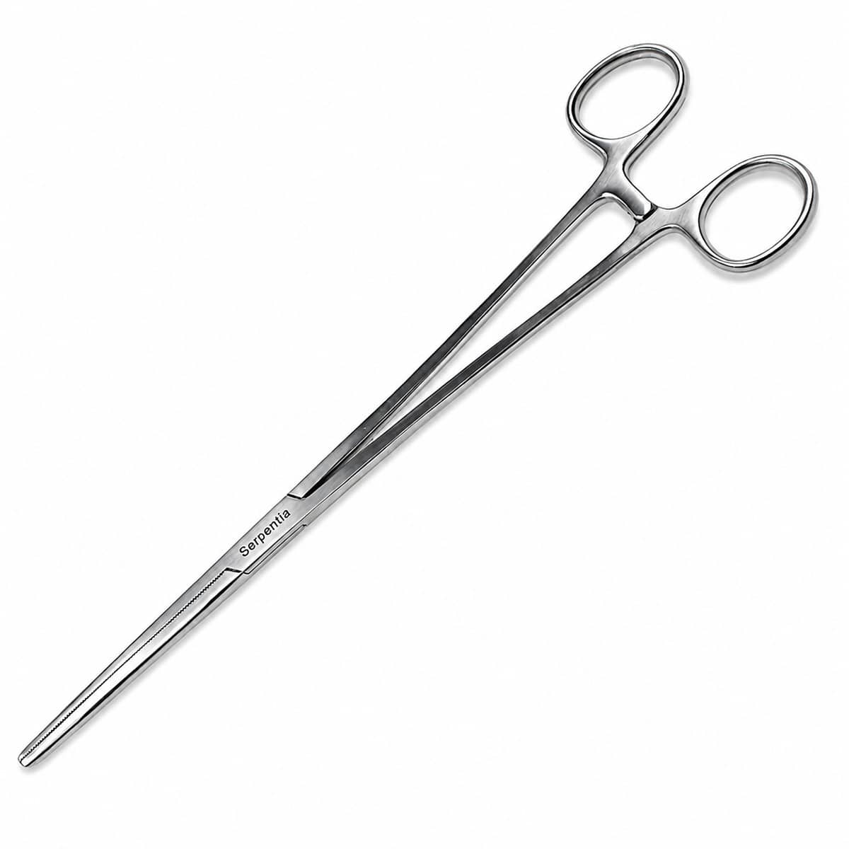Serpentia 45cm Long Stainless Steel straight tip reptile feeding tongs show closed using the lockable handle ratchet