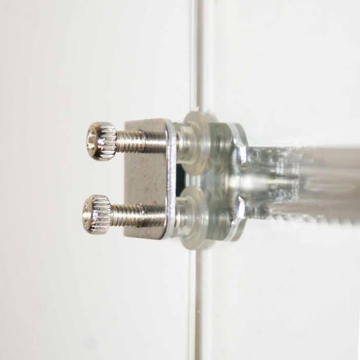 Serpentia Heavy Duty Vivarium Lock 140mm Stainless Steel Glass Door Lock showing close up of clamp mechanism on glass doors