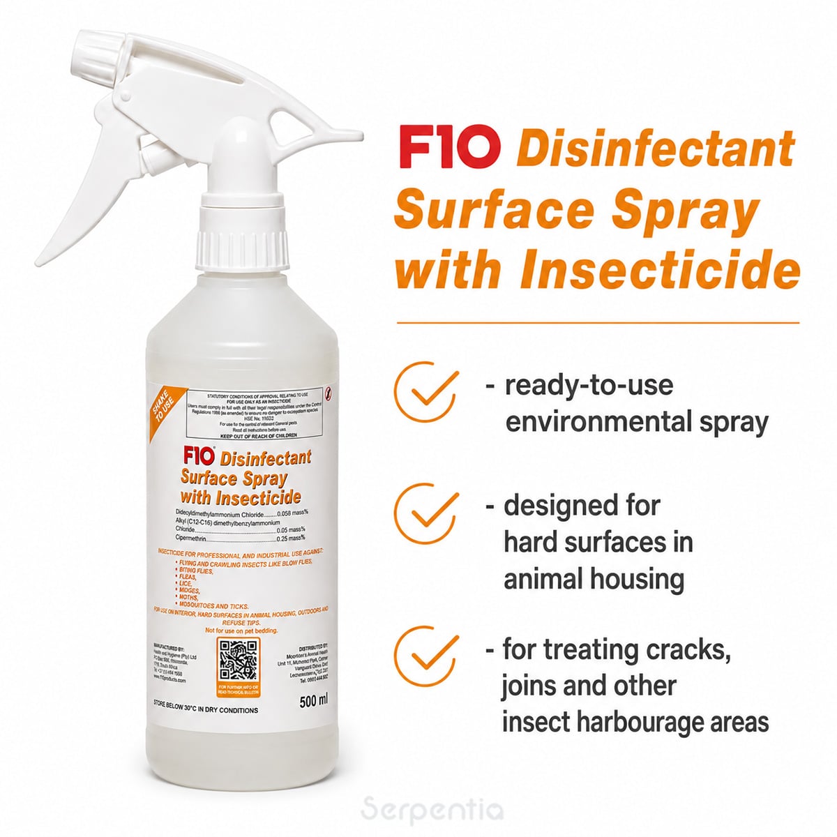 F10 Disinfectant Surface Spray with Insecticide 500ml ready-to-use environmental spray for animal housing