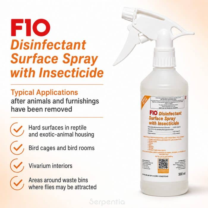 F10 Disinfectant Surface Spray with Insecticide 500ml typical applications for animal housing and vivariums