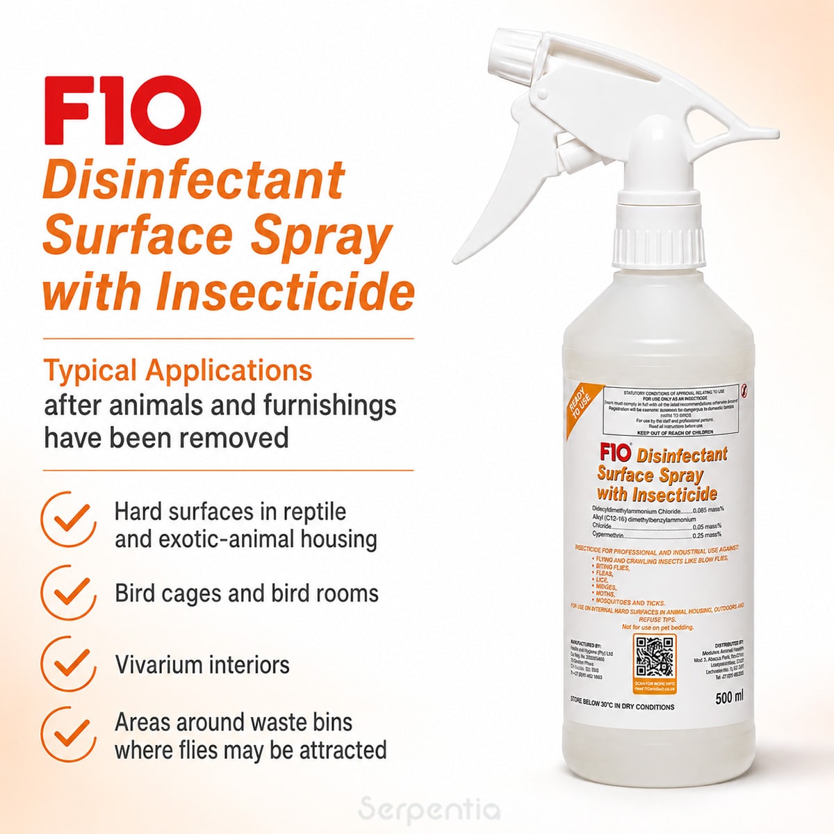 F10 Disinfectant Surface Spray with Insecticide 500ml typical applications for animal housing and vivariums