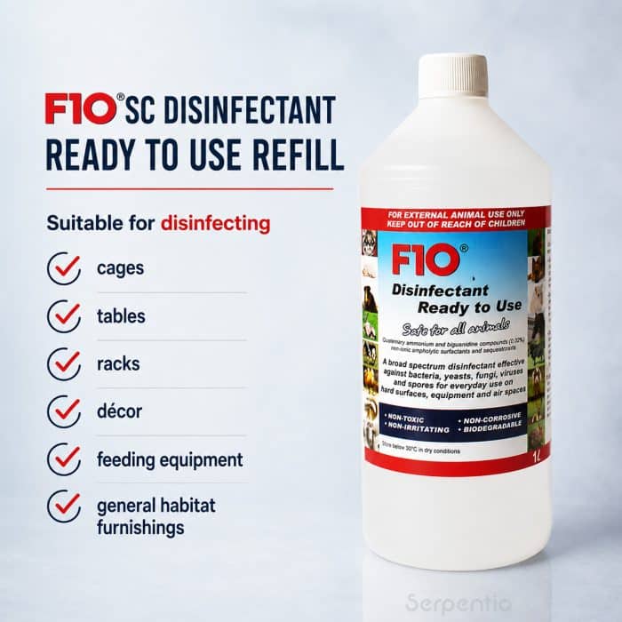 F10 SC Disinfectant Ready to Use 1L refill suitable for cages, tables, racks, décor and animal feeding equipment