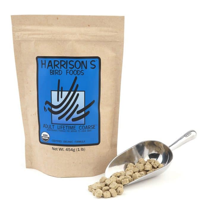 Harrison's Adult Lifetime Coarse 454g bird food with coarse nuggets and feeding scoop