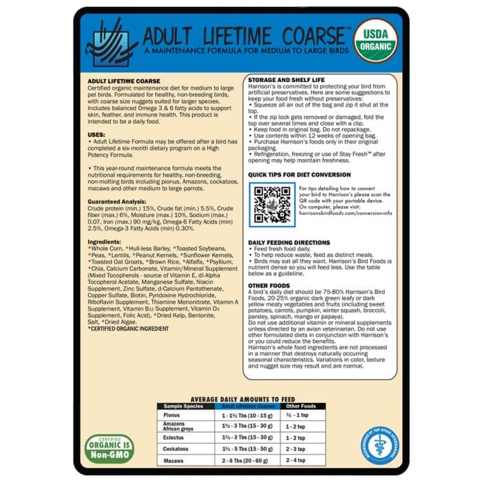 Harrison's Adult Lifetime Coarse feeding directions, ingredients and storage information