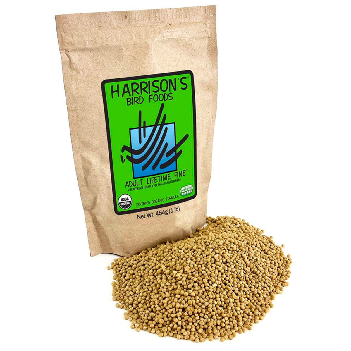 Harrison's Adult Lifetime Fine 454g bag with bird food pellets