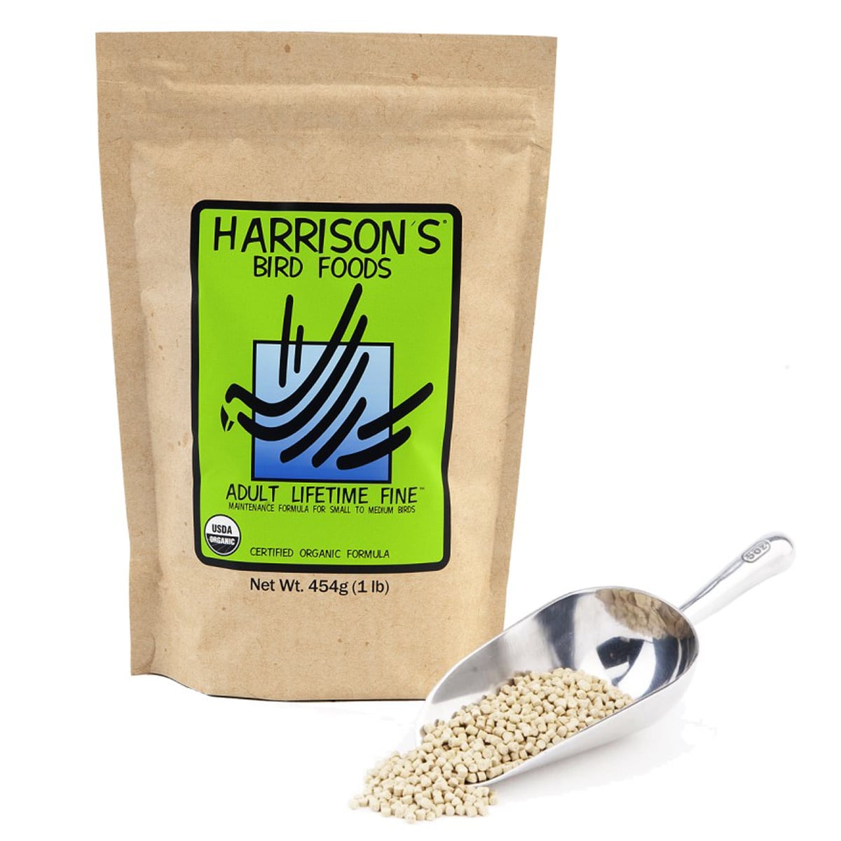 Harrison's Adult Lifetime Fine 454g bird food with fine pellets and feeding scoop