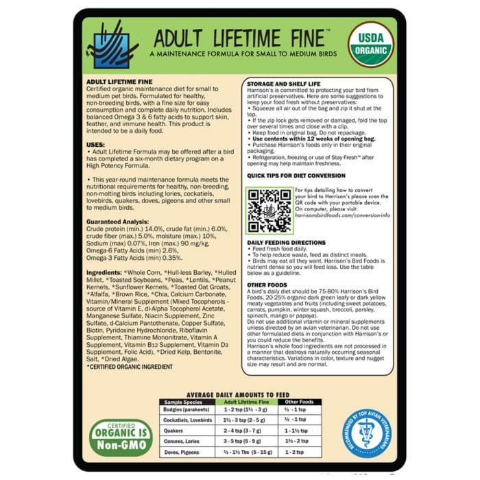 Harrison's Adult Lifetime Fine feeding directions, ingredients and storage information